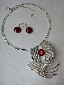 Sady šperkov - Sklenená korálková súprava - strieborno-červená - 15003532_