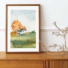 Kresby - Print Art| Jesenná krajinka s domčekom - 15006349_