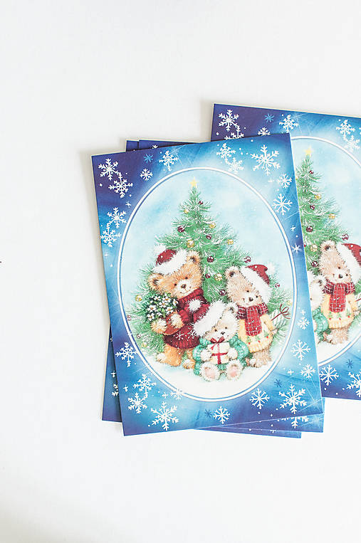 Papier - Pohľadnica "Mackovia pri stromčeku" - 15008856_