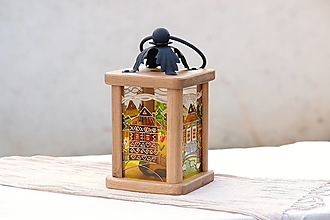 Svietidlá - Drevený lampášik malý, dub, vzor Ľudové domčeky - 15006350_