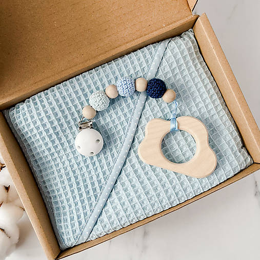 Detský textil - Krabička k narodeniu bábätka - belasá (S hryzadielkom s klipom) - 15021433_