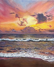 Obrazy - Západ slnka na pláži - olejomaľba - 15031090_
