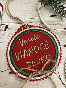 Dekorácie - Veselé VIANOCE " DEDKO" (červený podklad / kožená šnúrka) - 15031824_