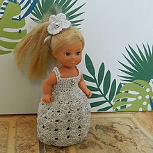 Hračky - háčkované a šité šatičky  pre 11 cm bábiku Evičku (Strieborno-biele šaty) - 15033274_