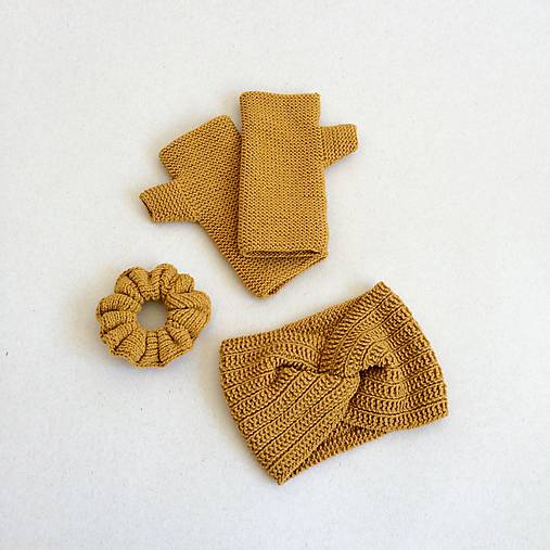 Čiapky, čelenky, klobúky - Set: čelenka, rukavice a gumička do vlasov/ viac farieb (Horčicová / škoricová) - 15043264_