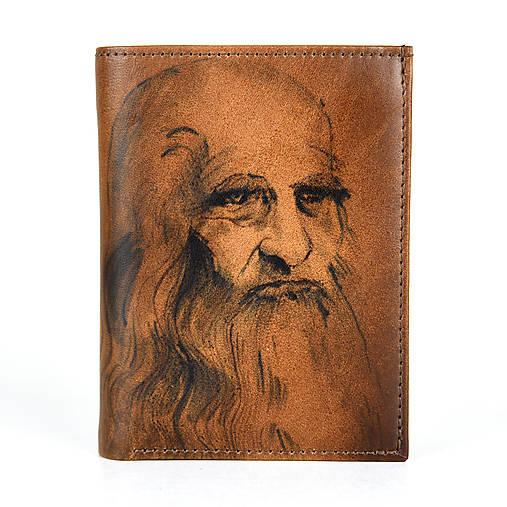 Pánska kožená peňaženka s motívom Leonardo da Vinci, ručná maľba