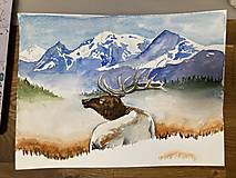 Obrazy - akvarel hory a jelen - 15041667_