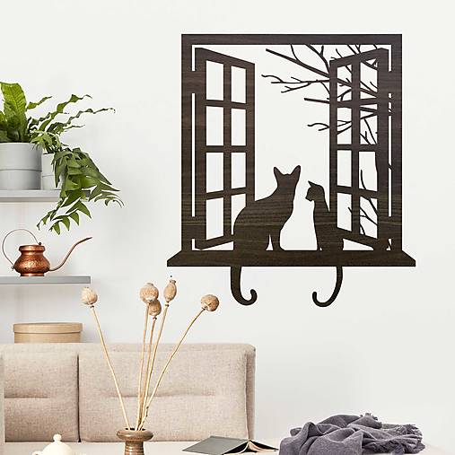 Dekorácie - Drevený obraz na stenu – Mačky na okne (Veľký rozmer: 600mm x 668mm) - 15047632_