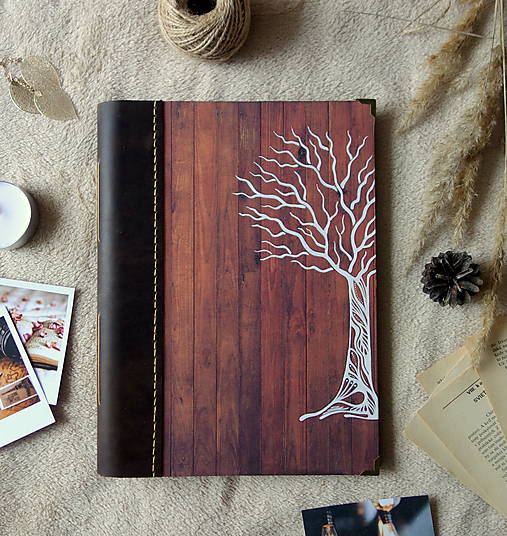 Veľký fotoalbum A4 s kresbou stromu v koženej väzbe / GraceArt - SAShE.sk - Papiernictvo