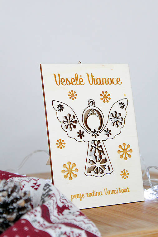 Papiernictvo - Drevený vianočný pozdrav ANJEL - 15071734_