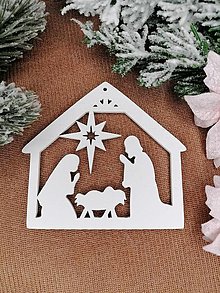 Dekorácie - Vianočná biela ozdoba na stromček z preglejky betlehem - 15075448_