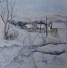 Obrazy - Zima na vidieku...(akvarel) (bez rámu) - 15097396_