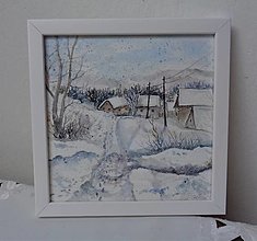 Obrazy - Zima na vidieku...(akvarel) (biely drevený rám) - 15097404_