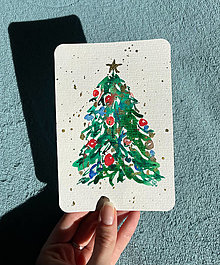 Obrazy - Vianočná pohľadnica, ručne maľovaná (Zelená) - 15101099_