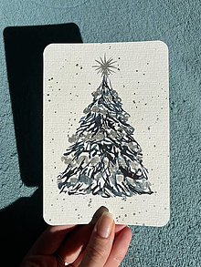Obrazy - Vianočná pohľadnica, ručne maľovaná (Strieborná) - 15101126_