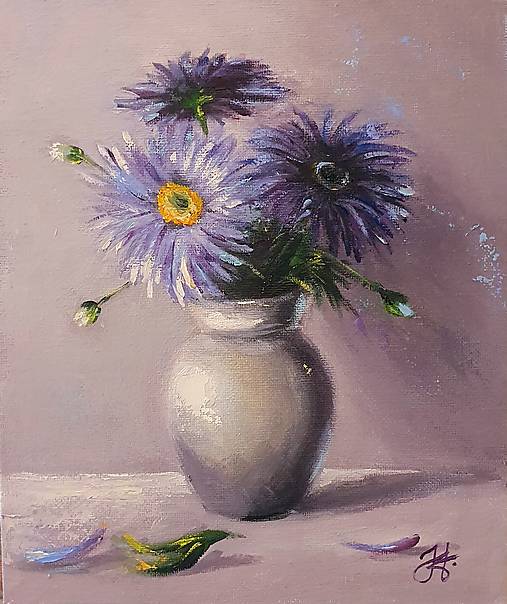 Obrazy - Obraz "Fialové Margaréty" - olejomaľba, 20x24 cm - 15106055_