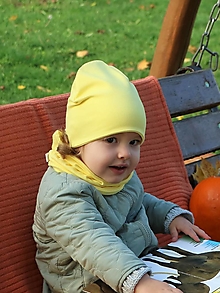 Detské čiapky - Žltý pastel úpletová čiapka, nákrčník alebo set (Nákrčník) - 15111987_