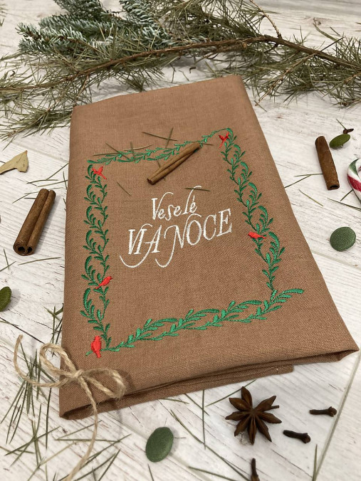 Úžitkový textil - Ľanová utierka škoricová ,,Veselé VIANOCE" - 15111432_