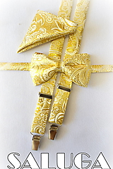 Pánske doplnky - Pánsky zlatý svadobný set - motýlik traky a vreckovka - 15128830_