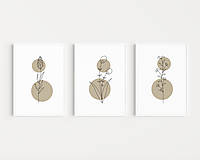 Grafika - Set 3 botanických art printov Lúčne kvety- khaki - 15125691_