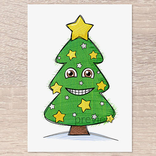 Kreslený vianočný stromček s tváričkou (verzia 2022) (hviezdičky)