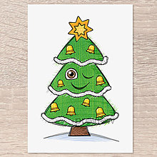 Grafika - Kreslený vianočný stromček s tváričkou (verzia 2022) (zvončekový) - 15126671_