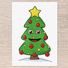 Grafika - Kreslený vianočný stromček s tváričkou (verzia 2022) (gule a hviezdičky) - 15126677_