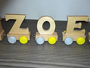 Hračky - Drevený písmenkový vláčik - sivo-žlté kolieska - 15135559_