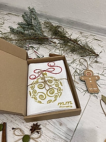 Úžitkový textil - Ľanová utierka Biela ,, Zelená Vianočná guľa" (biela utierka/zlatá guľa) - 15144049_