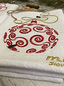 Úžitkový textil - Ľanová utierka Biela ,, Zelená Vianočná guľa" (biela utierka/červená guľa) - 15144057_