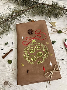 Úžitkový textil - Ľanová utierka Biela ,, Zelená Vianočná guľa" (škoricová utierka/zelená guľa) - 15144060_