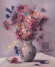 Obrazy - Obraz "Ružové margaréty" - olejomaľba, 40x50 cm - 15142454_