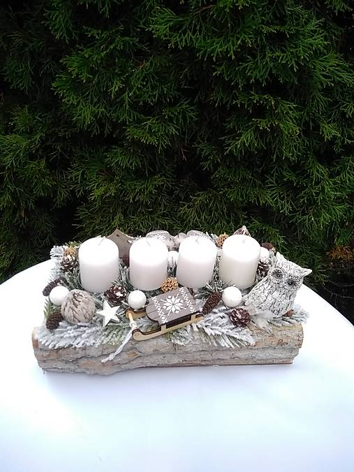 Dekorácie - adventný svietnik so sovičkou v drevenom hrantíku 26 cm so sviečkami - 15145972_