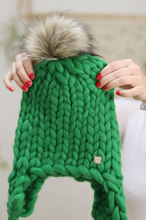 Chunky "Handspunka" extra hrubá pletená vlnená merino čiapka (Zelená, svetlý béžový/hnedý  brmbolec, ušianka)