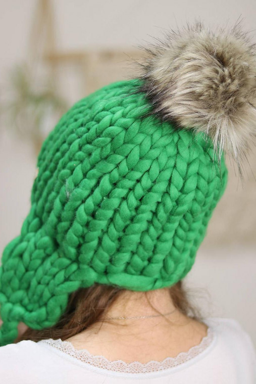 Chunky "Handspunka" extra hrubá pletená vlnená merino čiapka (Zelená, svetlý béžový/hnedý  brmbolec, ušianka)