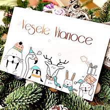 Papiernictvo - Vianočná pohľadnica Veselé zvieratká s pozlateným nápisom - 15158074_