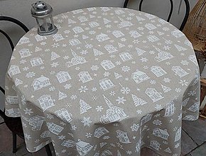 Úžitkový textil - Vianočný okrúhly obrus,,domčeky na režno-zlatej" (Domčeky/zlatý lurex) - 15165083_