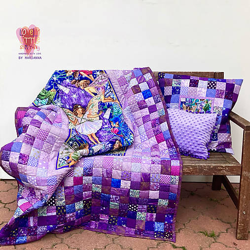 Exkluzívny  fialový vílový patchwork set - prehoz a vankúše