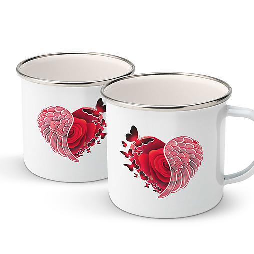 Nádoby - SRDIEČKA double set smaltovaných hrnčekov - 15176646_