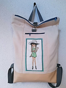 Batohy - Rolovací ruksak béžový Dievčatko v klobúku - 15179974_