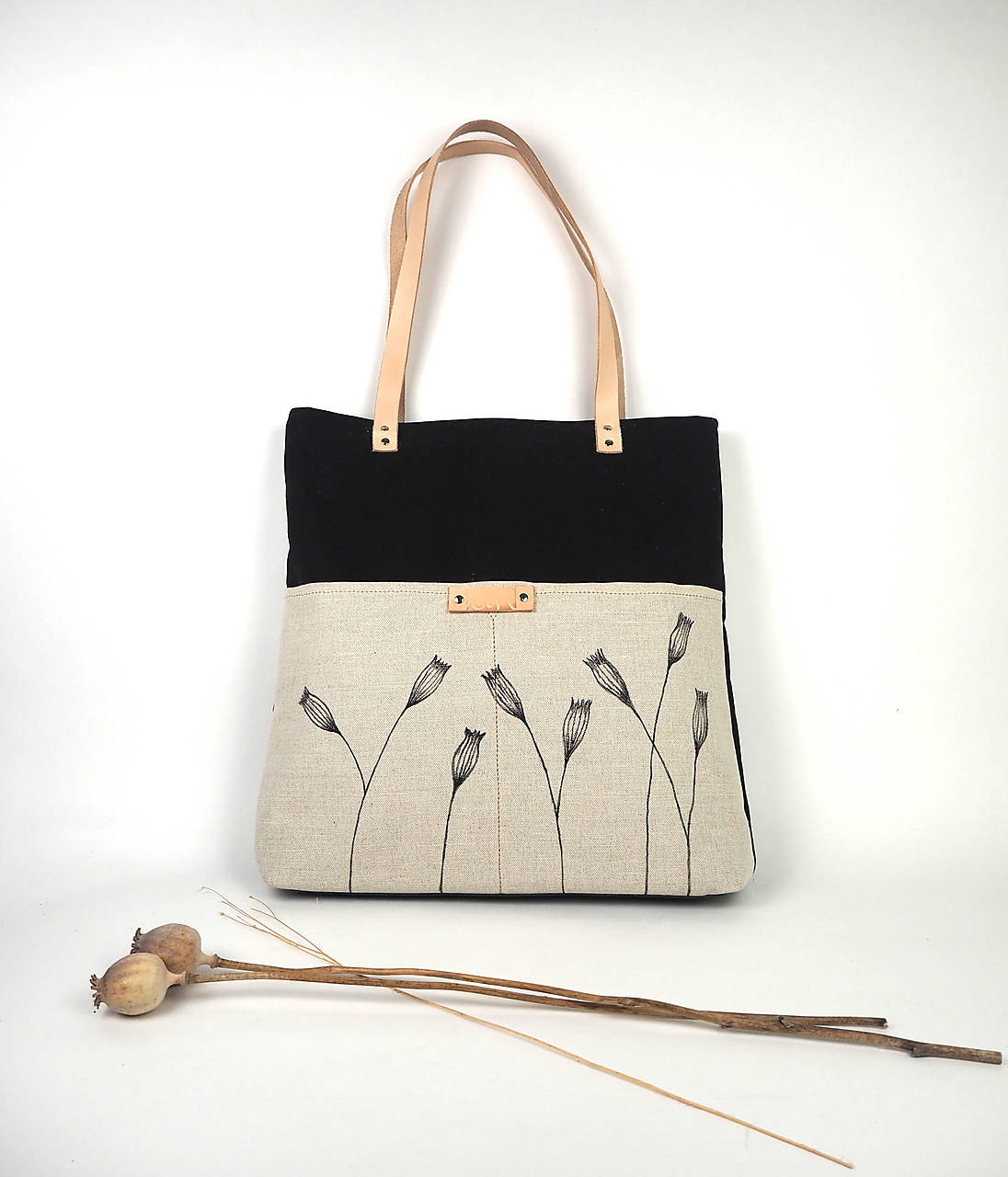 Taška veľká (bavlna, ľan, koža) MAKOVICE black