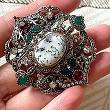 Brošne - Vintage Dendritic Opal Antique Silver Brooch / Brošňa s dendritickým opálom - 15194283_