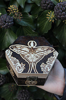 Úložné priestory & Organizácia - Ručne gravírovaná krabička na šperky s kométovým nočným motýľom a fázami mesiaca, šperkovnica (16cm x 8cm) - 15198307_