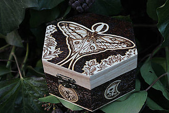 Úložné priestory & Organizácia - Ručne gravírovaná krabička na šperky s kométovým nočným motýľom a fázami mesiaca, šperkovnica (9cm x 5cm) - 15198336_