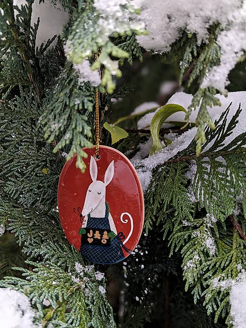 Vianočná porcelánová ozdoba - Myška cukrárka 