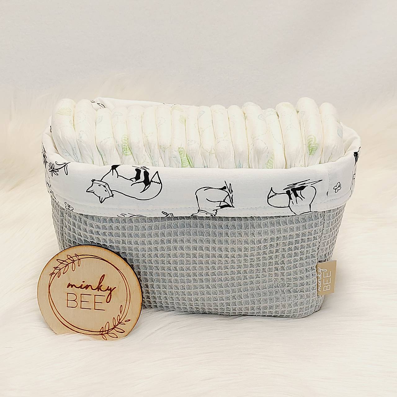 Waffle košík na plienky-ECO (Sivá + líšky)