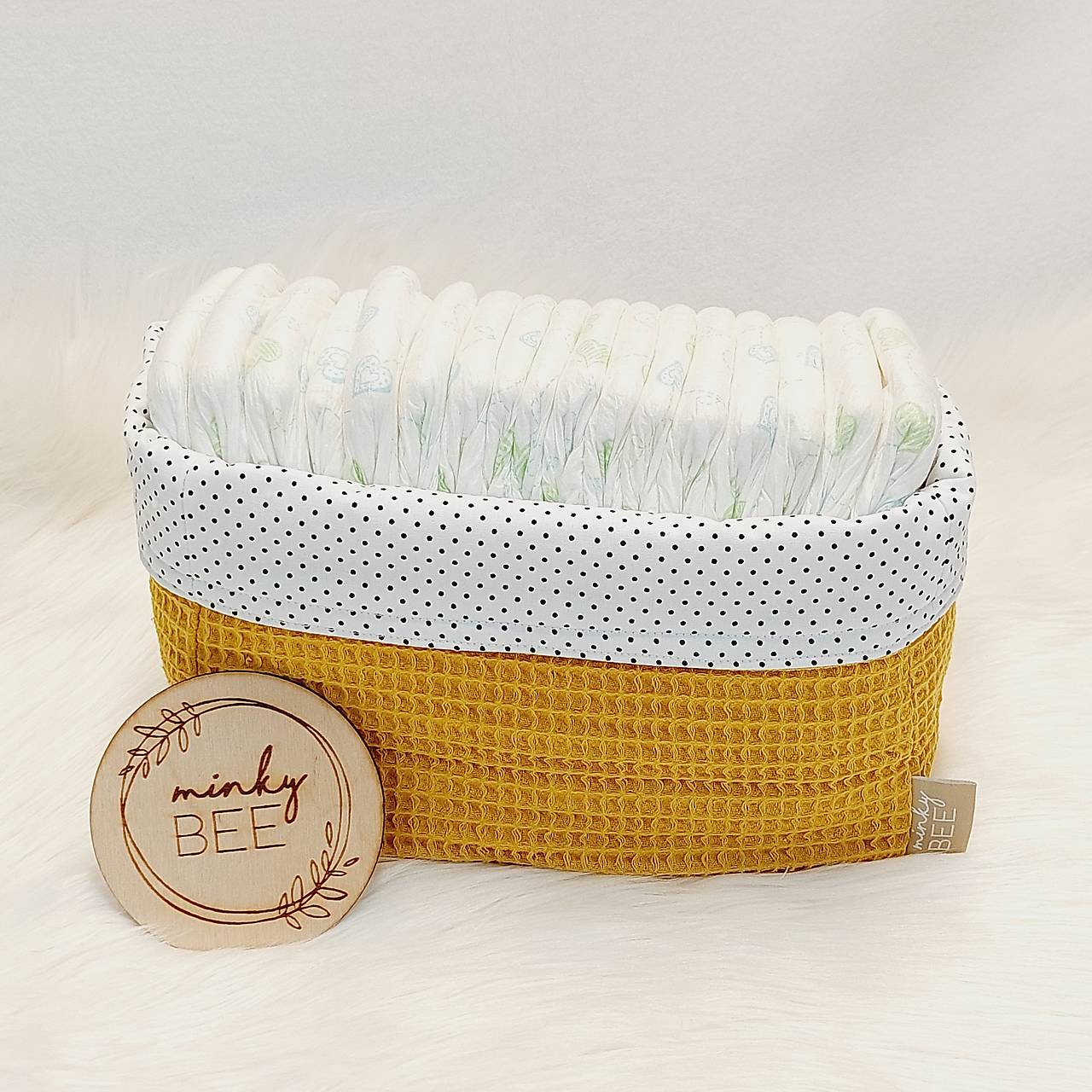Waffle košík na plienky-ECO (Horčicová + bodky)