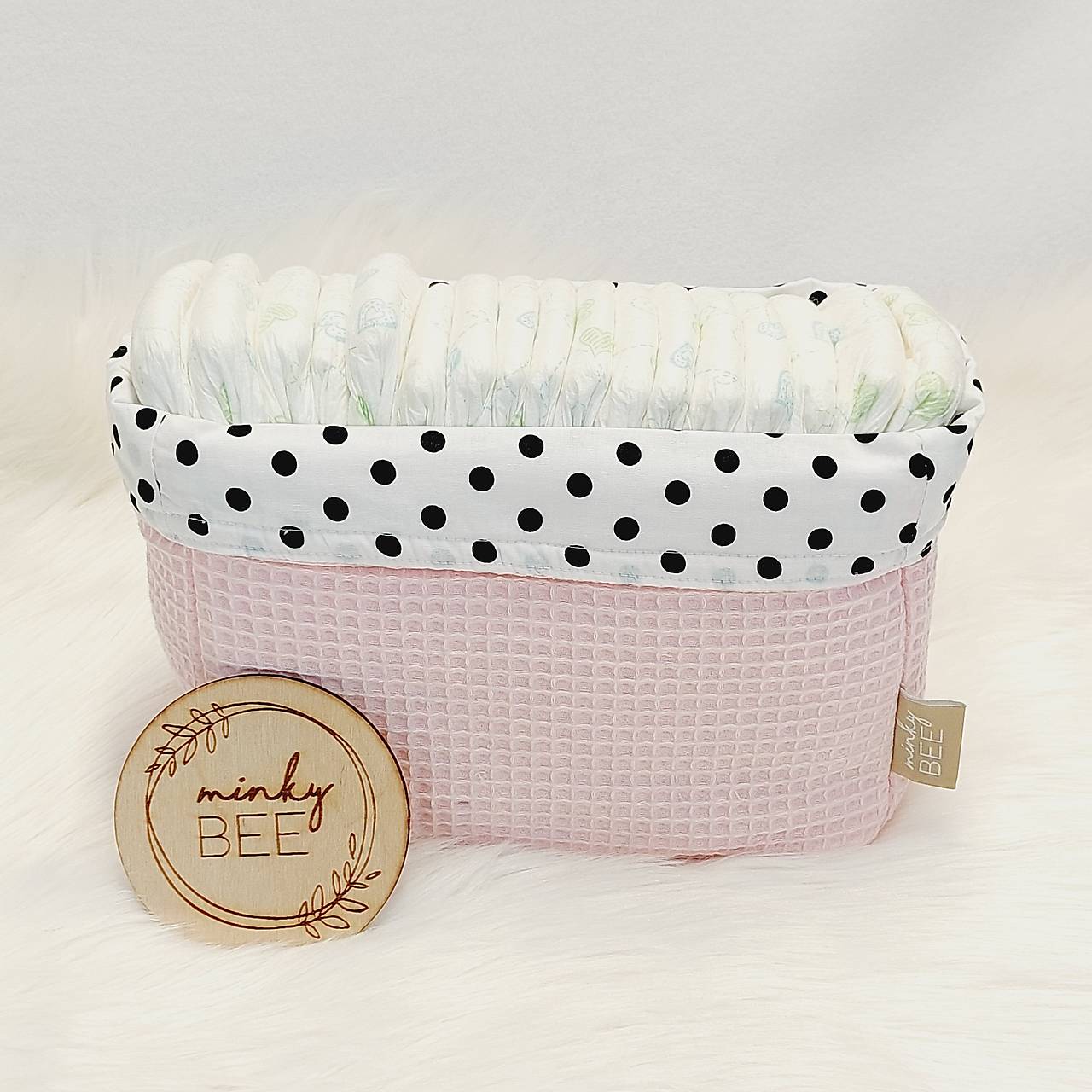 Waffle košík na plienky-ECO (Svetloružová + bodky)