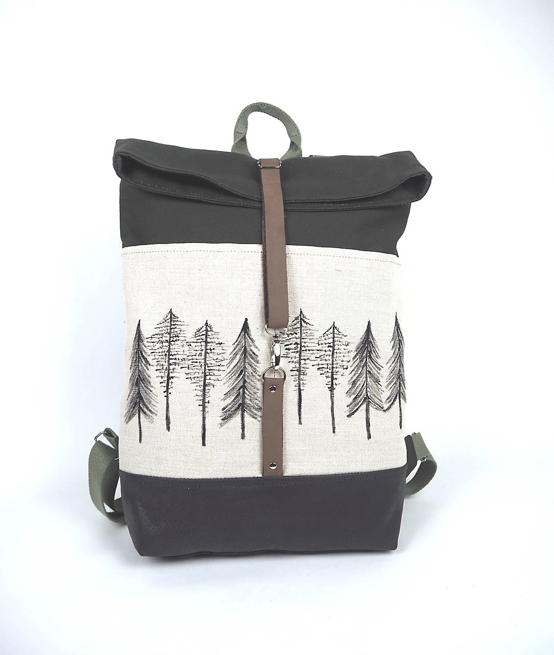 Ruksak rolltop (koža, ľan, bavlna) STROMČEKY green