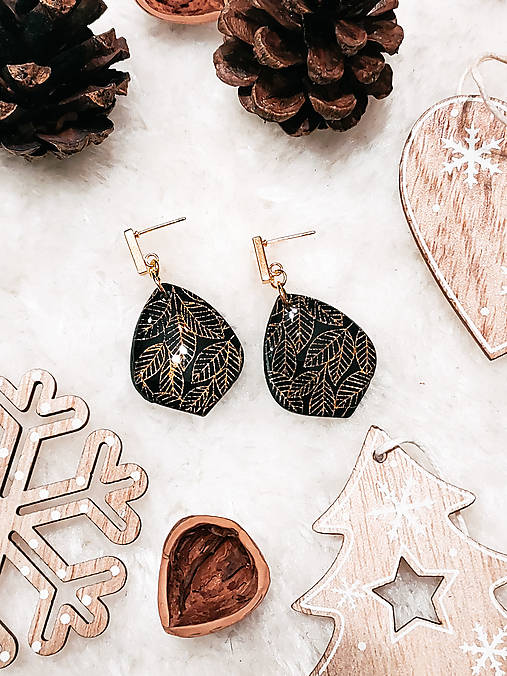 Náušnice - Zlatočierne náušnice s potlačou listov GOLD&BLACK BOTANICAL (Listy) - 15214787_